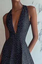 A Linie Neckholder Mini V-Ausschnitt Schwarz Weiß Polka Dots Kleid